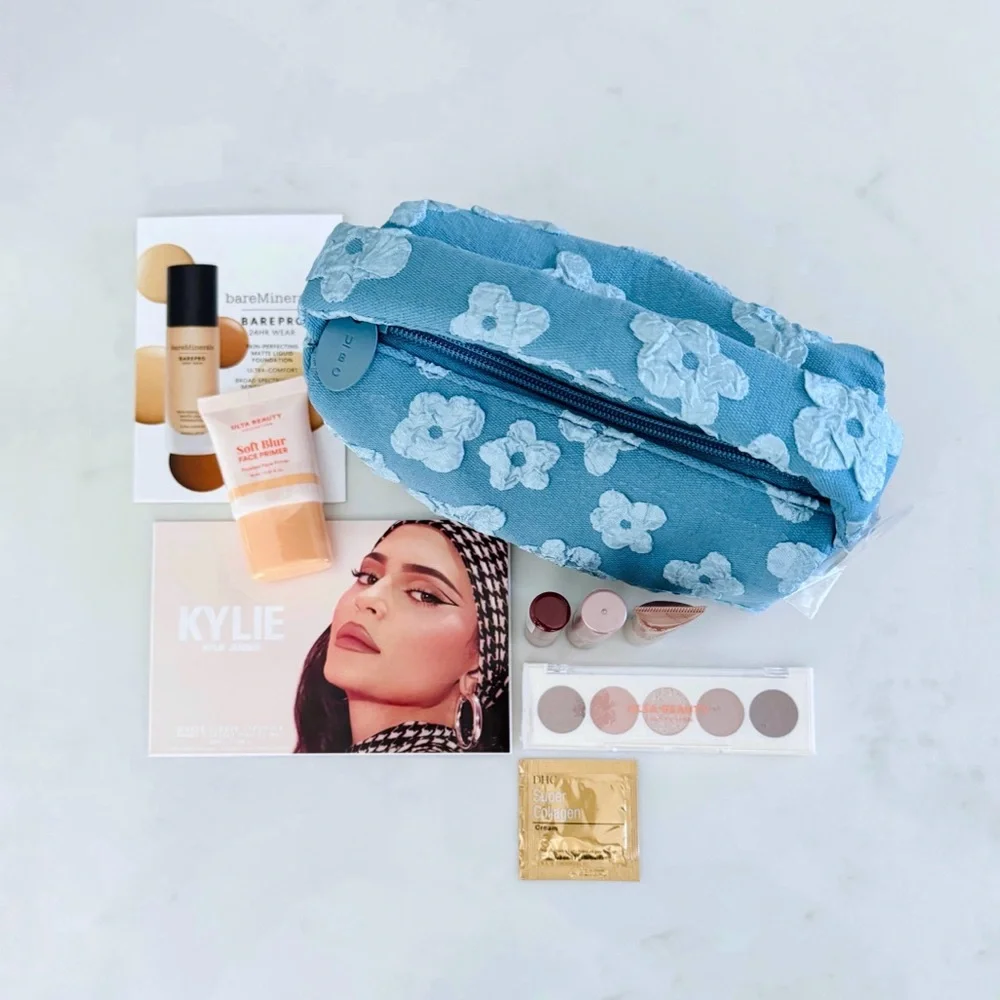 Ulta Beauty Denim Floral Stuffed Cosmetic & Make-Up Bag BUNDLE, Travel Samples